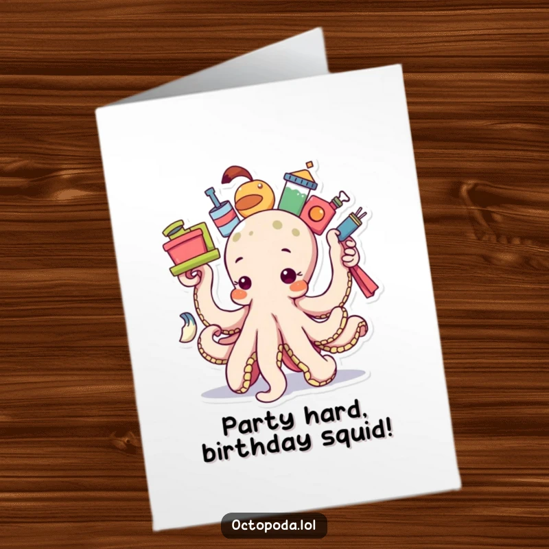Funny Free Printable Birthday Card: A determined octopus impressively balancing many items, wishing a day of fun.