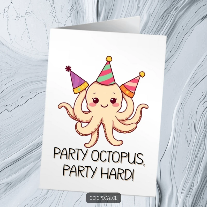 Funny Free Printable Octopus Birthday Card: Tiny octopus with three arms tangled in party hats. Hilarious.