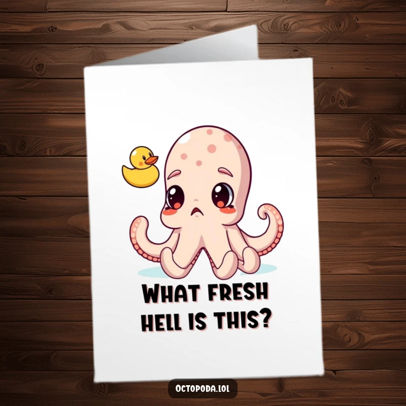 Funny Free Printable birthday card of a shocked octopus with enormous eyes staring at a floating rubber ducky, a moment of pure surprise.