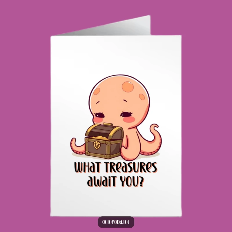 Free Printable Birthday Card: Curious Octopus Treasure Hunt, Funny Downloadable Gift for Explorers