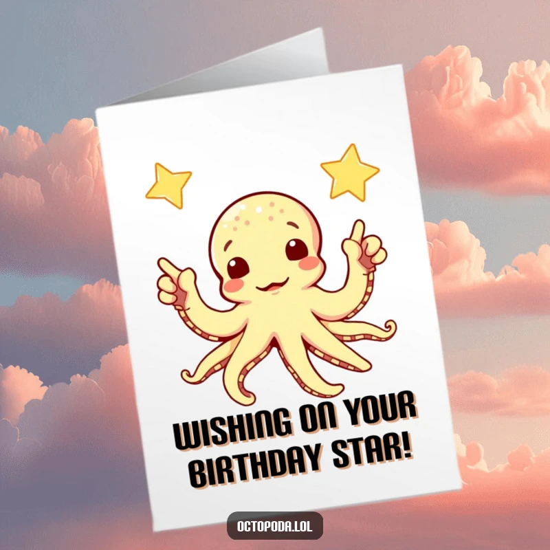 Funny Free Printable Birthday Card: A curious octopus with wide eyes points two arms towards a twinkling star, full of wonder.