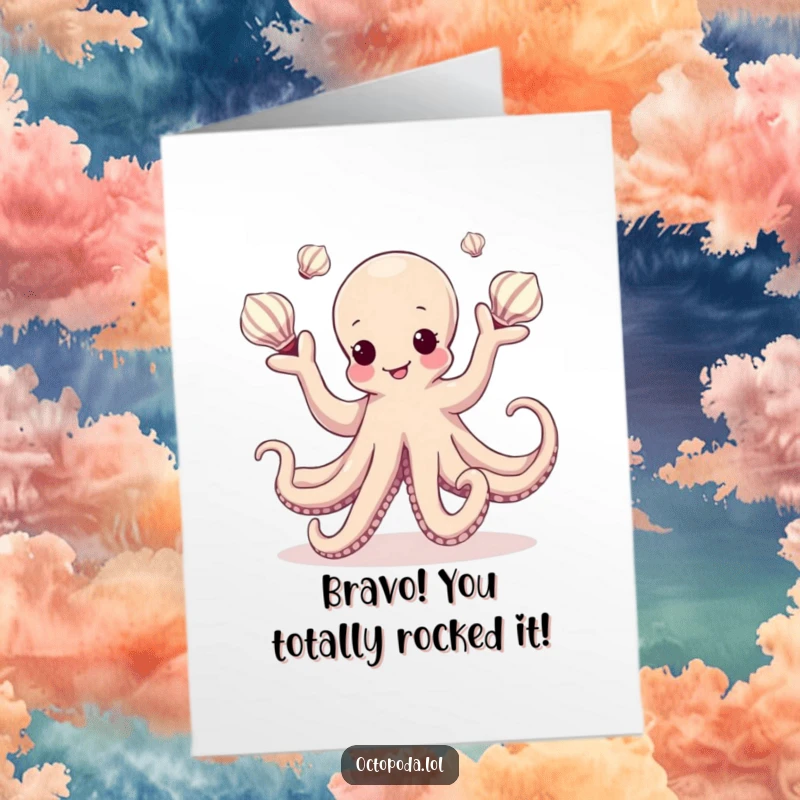 Funny Free Printable Congrats Card: Cute kawaii octopus expertly juggles sea shells in a dazzling celebratory dance.