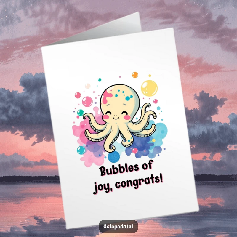 Funny free printable congratulations card: A happy octopus, amidst ink splatters, joyfully swims through a sea of colorful bubbles.