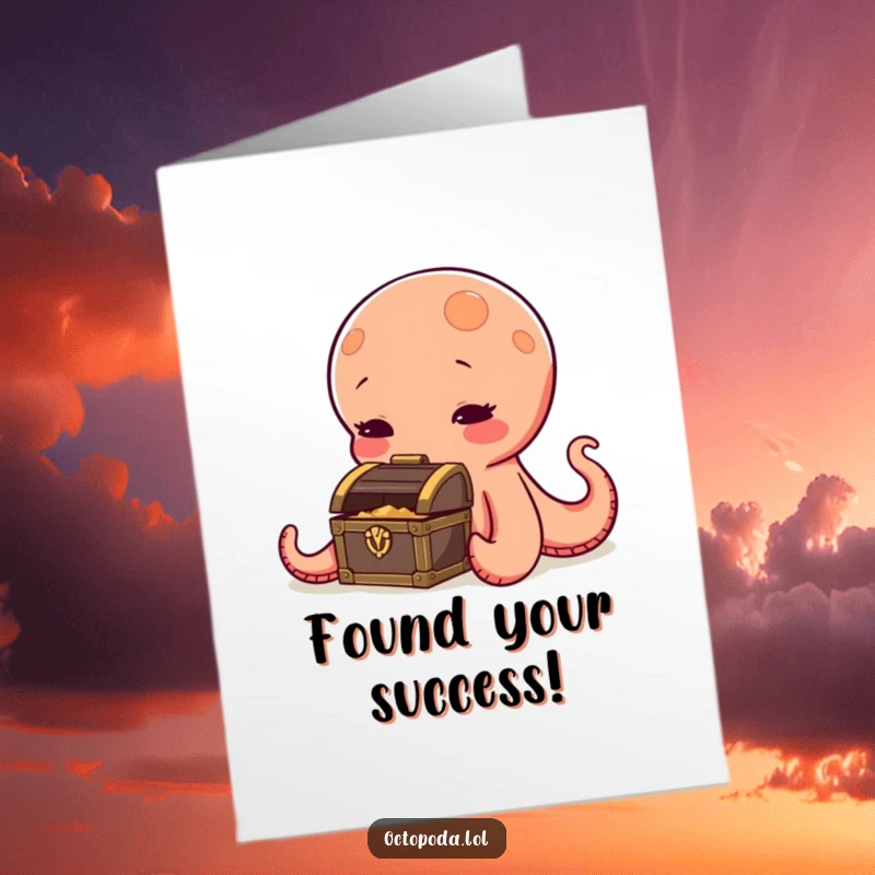 Funny Free Printable Congratulations Card showing a curious octopus character discovering a tiny treasure chest, perfect for celebrating wins.