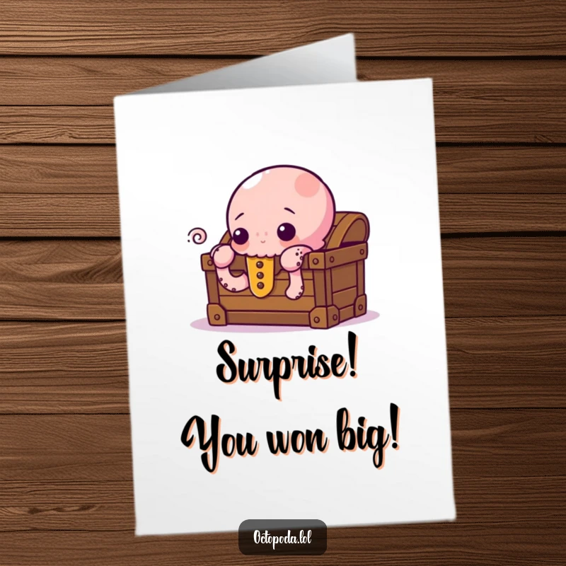 Funny Free Printable Congrats Card: A curious octopus peeking from behind a treasure chest, hinting at discovered achievements or wonderful news, downloadable.