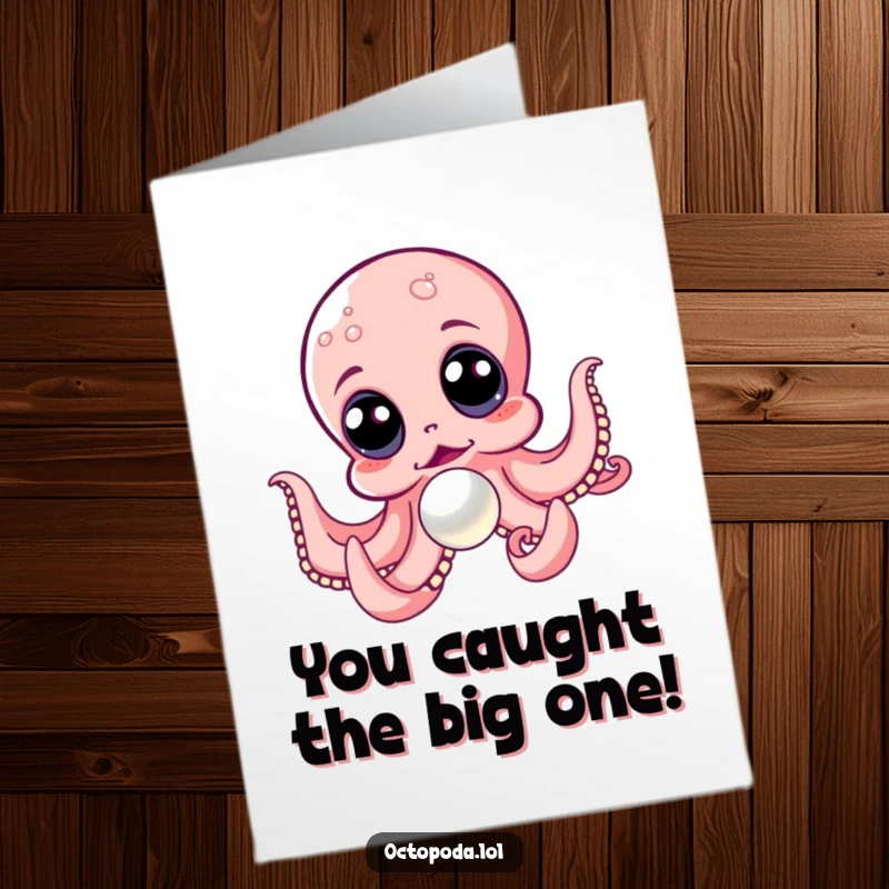 Funny Free Printable Congratulations Card: An octopus with wide, excited eyes triumphantly holds a shiny pearl, celebrating a major win.