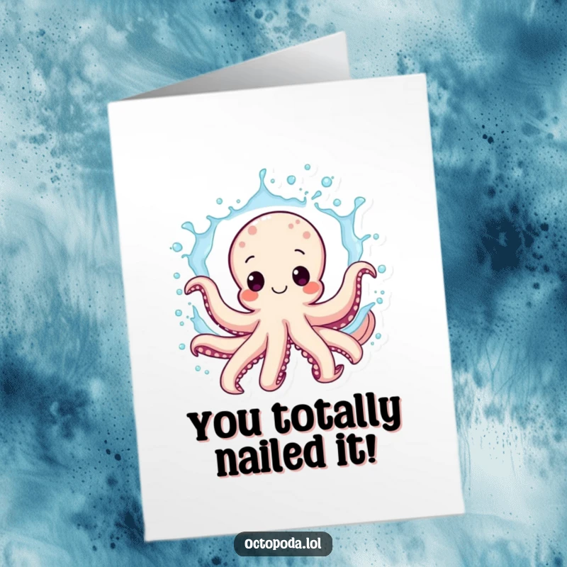 Funny Free Printable Congratulations Card with a happy octopus character exuberantly splashing water, great for any achievement.