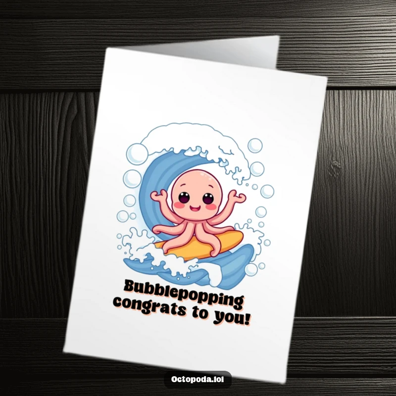 Funny Free Printable Congratulations Card: An octopus joyfully surfing a huge bubble wave, celebrating success.