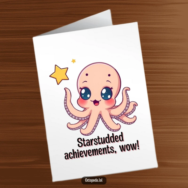 Funny Free Printable Congratulations Card: An octopus excitedly reaching out to grasp a bright, shimmering star representing success.