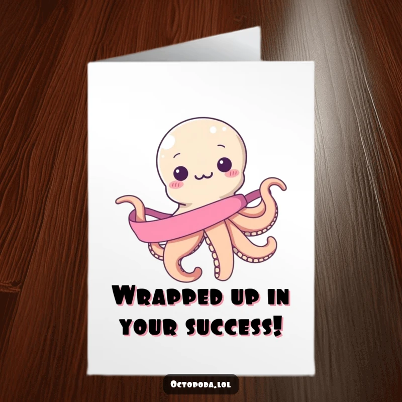 Funny Free Printable Congratulations Card: Octopus heroically untangling a never-ending ribbon in celebration.