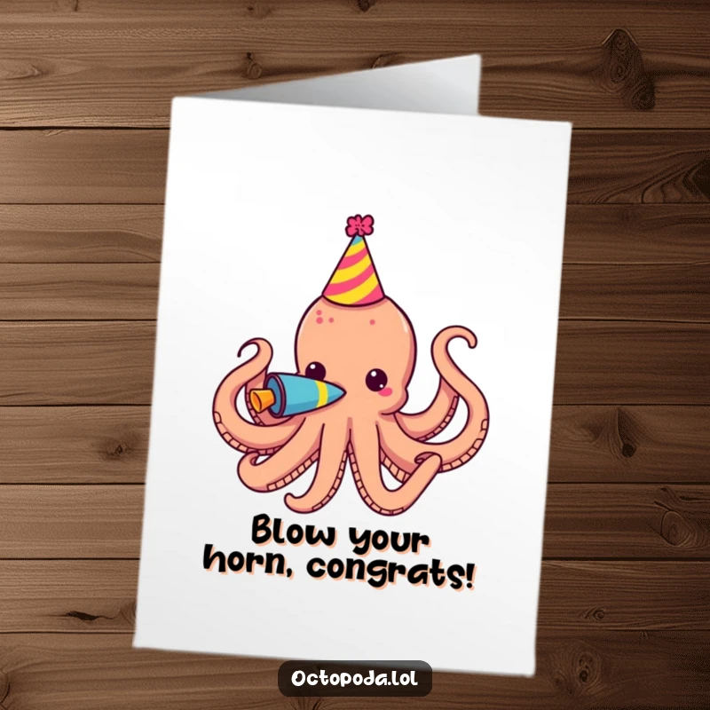 Funny Free Printable Congratulations Card: Octopus in a party hat blows a horn, celebrating your success.