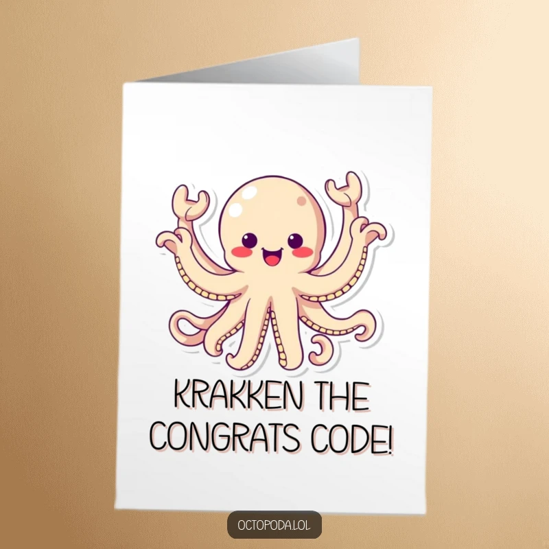 Funny Free Printable congratulations card showing a kawaii octopus with all eight arms waving wildly to celebrate a fantastic achievement.