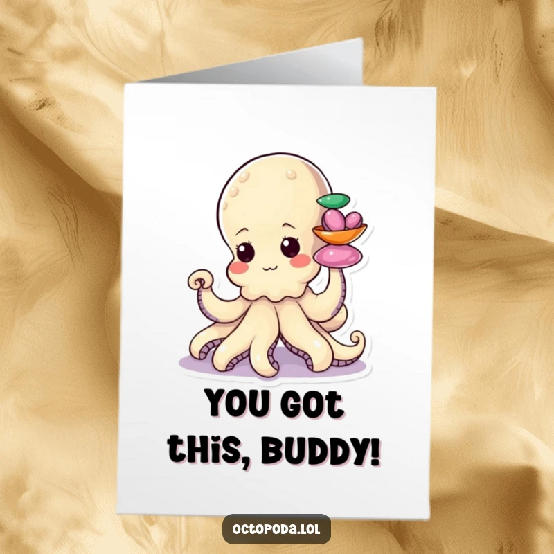 Funny Free Printable Congratulations Card: A determined octopus focused on stacking colorful shiny shells with its tentacle.