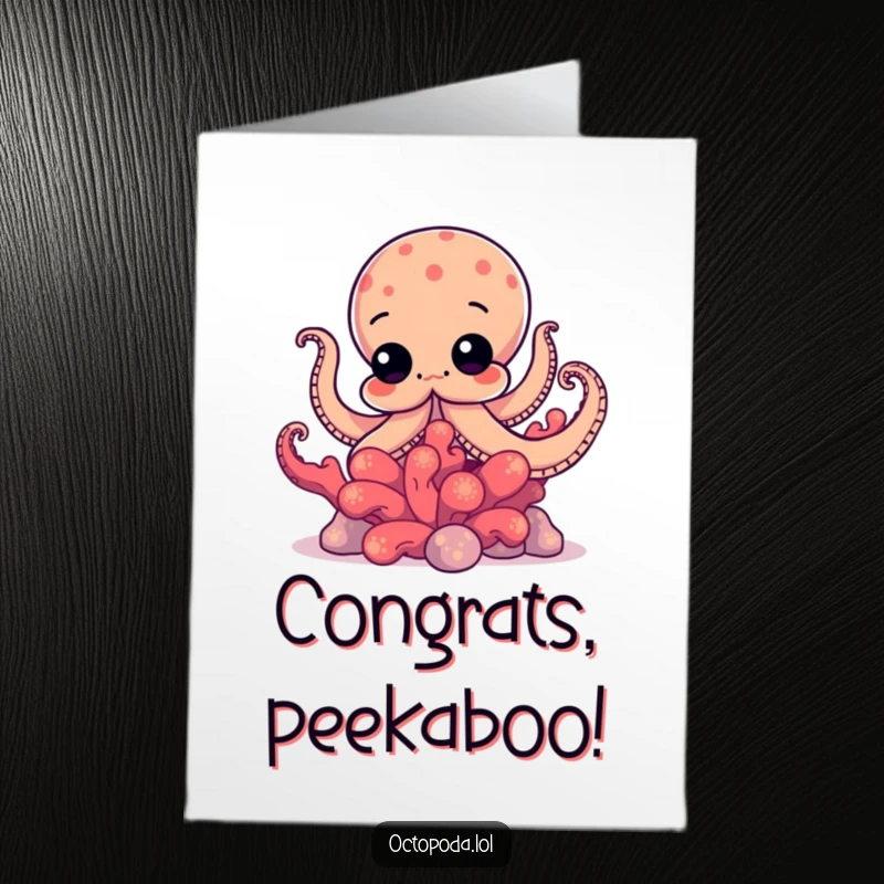 Funny free printable congratulations card: A curious octopus with an inquisitive gaze peeks out from behind a stunning, vibrant coral formation.