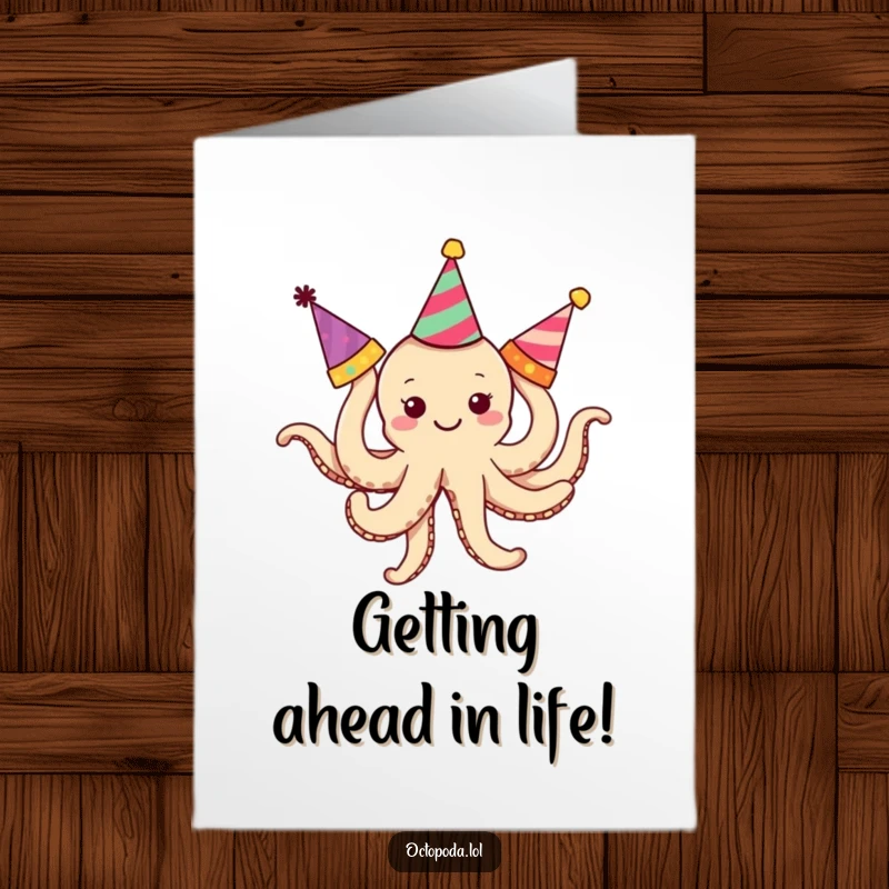 Funny Free Printable Octopus Congratulations Card: Smiling octopus with arms tangled in party hats. Downloadable art.