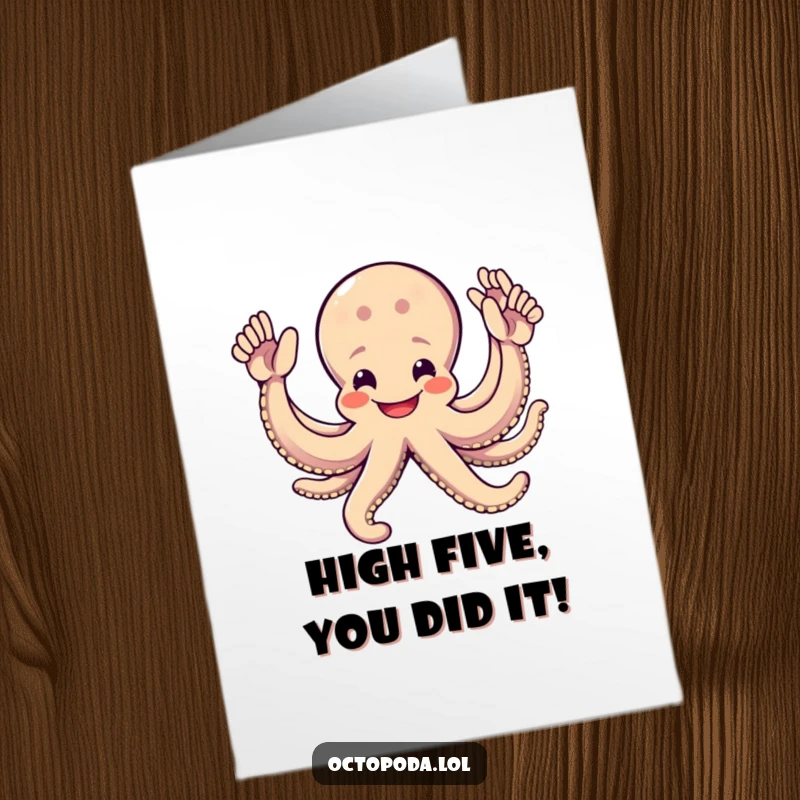 Funny Free Printable Octopus High Five Congratulations Card: A happy octopus with eight arms ready to give a massive high five for their achievement.