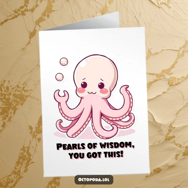 Funny Free Printable Kawaii Octopus Congratulations Card: An adorable octopus juggling precious pearls with its tentacles to mark a special achievement.