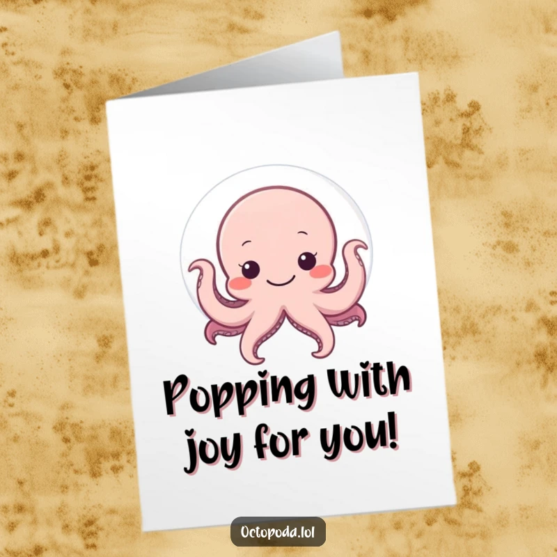 Funny Free Printable Congratulations Card: A shy octopus hides behind a big smiling bubble, offering congratulations with a bashful charm.