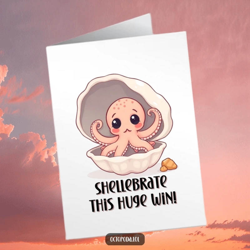 Funny Free Printable Congratulations Card: A surprised octopus peeking out of a huge seashell, celebrating success with wide-eyed wonder.