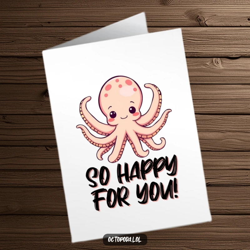 Funny Free Printable Congratulations Card featuring an octopus character gleefully unfurling all its arms, celebrating a big achievement.