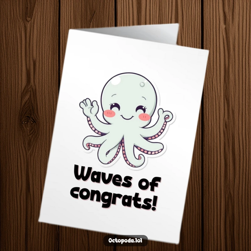 Funny free printable congratulations card showcasing a smiling octopus with multiple tentacles waving a friendly hello.
