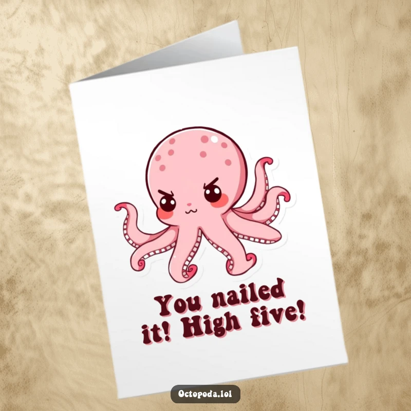 Funny Free Printable Octopus Congratulations Card: Determined octopus swimming confidently, celebrating your success with a tiny resolute grin.
