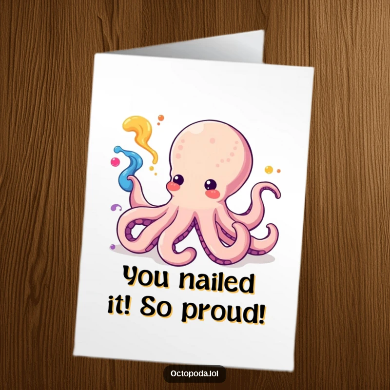 Funny Free Printable Congrats Card: Whimsical kawaii octopus artistically splattering colorful ink to celebrate.