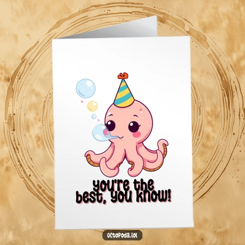 Funny Free Printable Congratulations Card: An octopus sporting a party hat blows a huge, vibrant bubble to celebrate achievements.