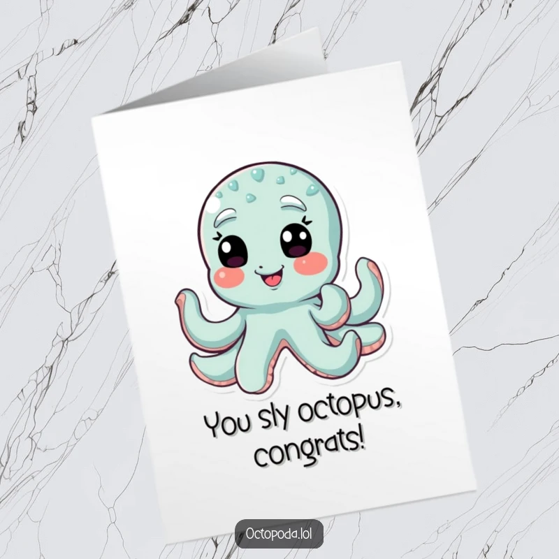 Funny Free Printable Congratulations Card: An octopus character winking with all its eyes simultaneously, a sign of playful success.