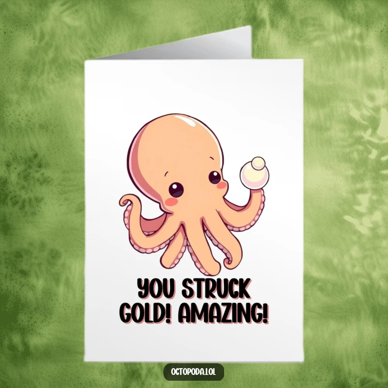Funny Free Printable Congratulations Card: A curious octopus extends a tentacle to gently tap a luminous pearl, celebrating success.