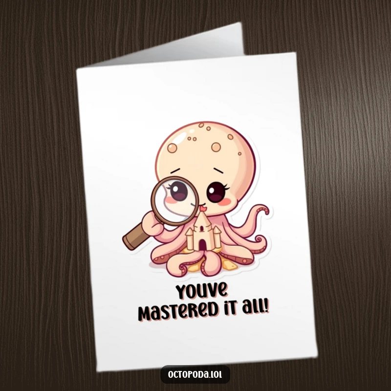 Funny Free Printable Congrats Card: Curious baby octopus character with magnifying glass, observing a tiny sandcastle, symbolizing new achievements.