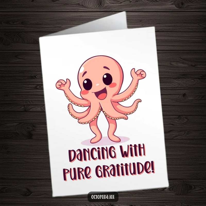 Funny Free Printable Thank You Card: An excited octopus character doing a happy dance, expressing thanks with enthusiasm.