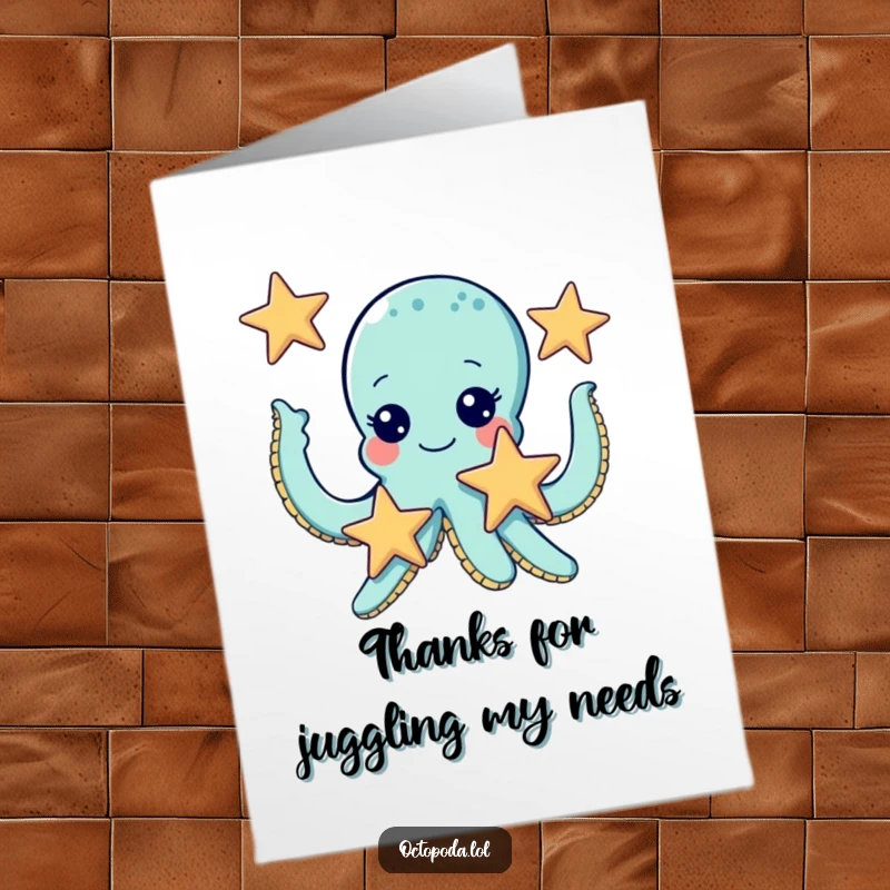 Funny free printable thank you card: An octopus with joyful, giggling eyes juggles three starfish, expressing sincere thanks.