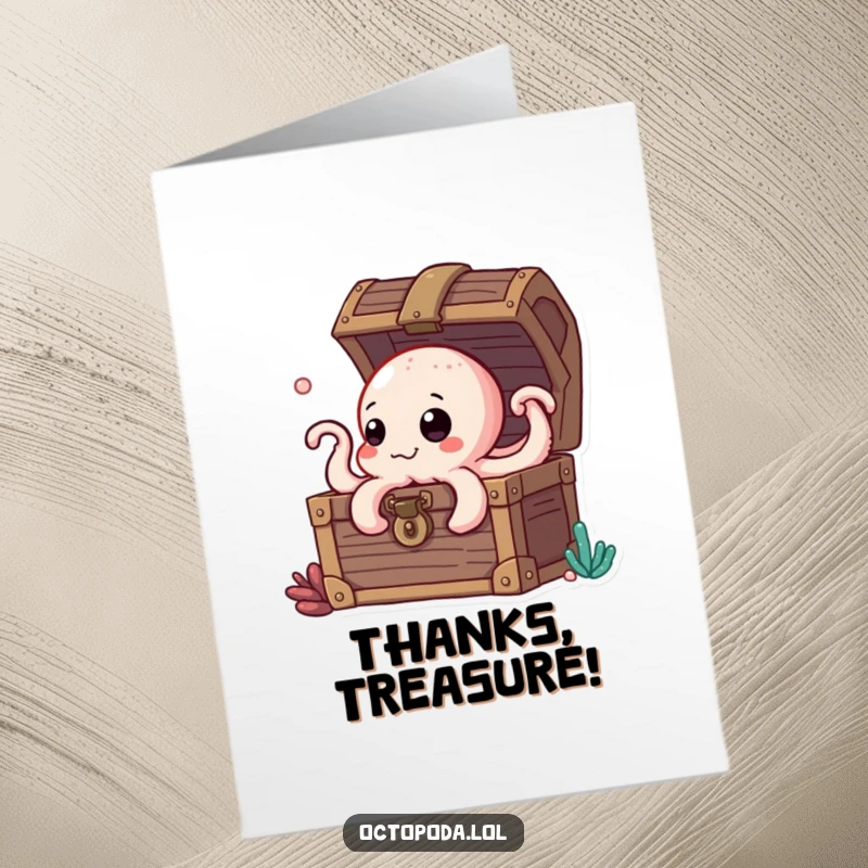 Funny free printable thank you card featuring a curious octopus peeking excitedly from a treasure chest.