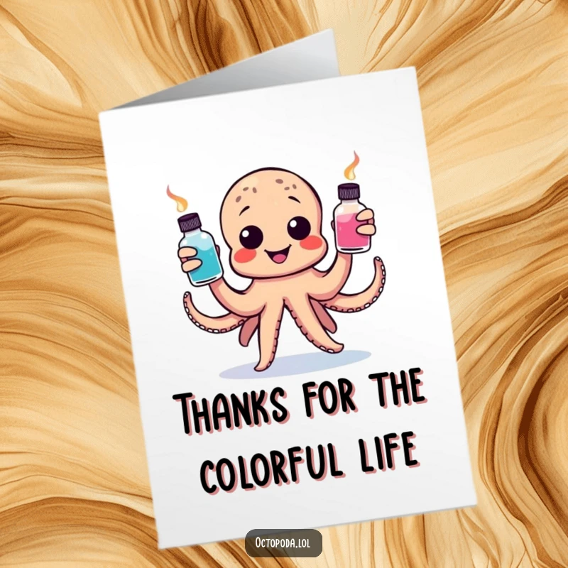 Funny Free Printable Thank You Card: A small octopus artistically juggles three ink bottles, conveying thanks with creative skill.