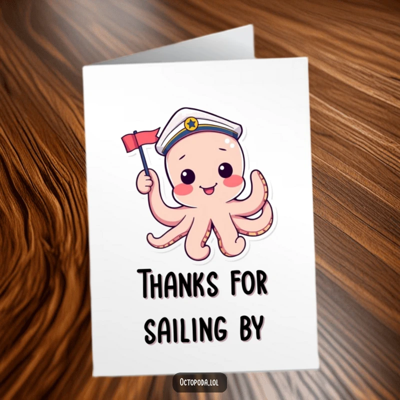 Funny Free Printable Thank You Card: A playful octopus in a sailor hat waves a tiny flag, perfect for nautical thank yous.
