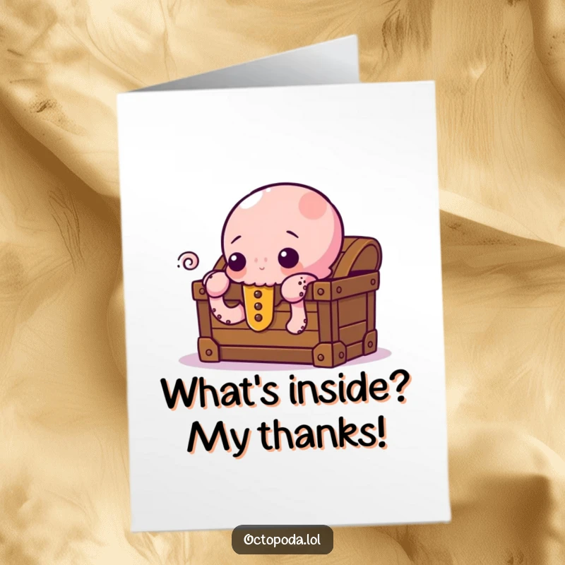 Funny Free Printable Thank You Card: A curious octopus peeking from a treasure chest, symbolizing a valuable discovery of gratitude, printable decor.