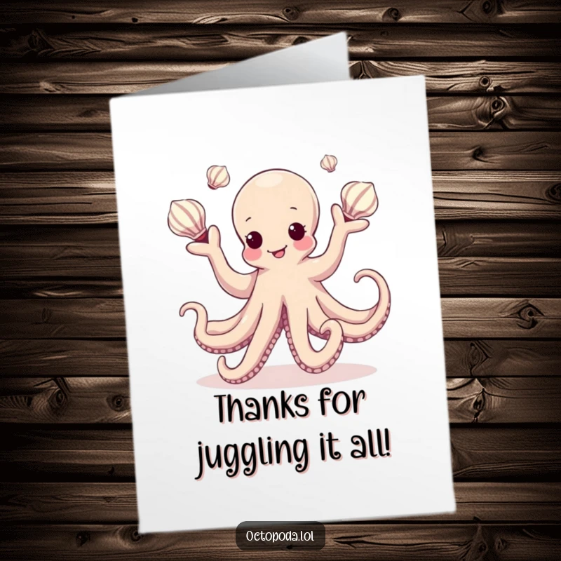 Funny Free Printable Thank You Card: Adorable kawaii octopus gracefully dances while juggling shimmering sea shells.