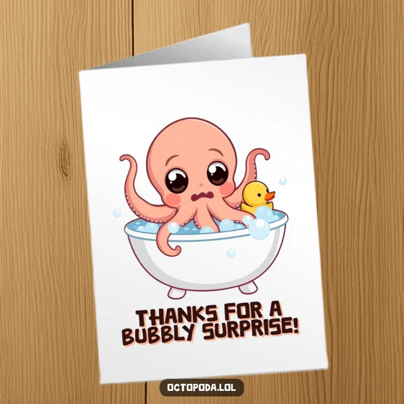 Funny Free Printable Thank You Card: Surprised octopus leaps from a bubble bath, rubber duck balanced nearby.