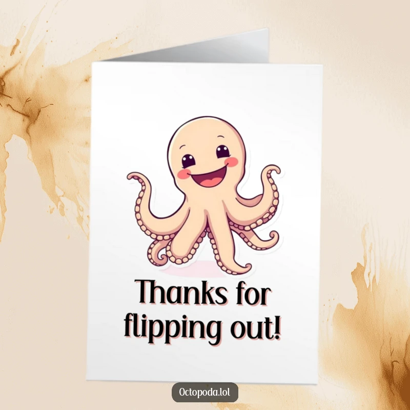 Funny Free Printable Thank You Card: An octopus cartwheels with a wide, joyful grin, conveying enthusiastic thanks.