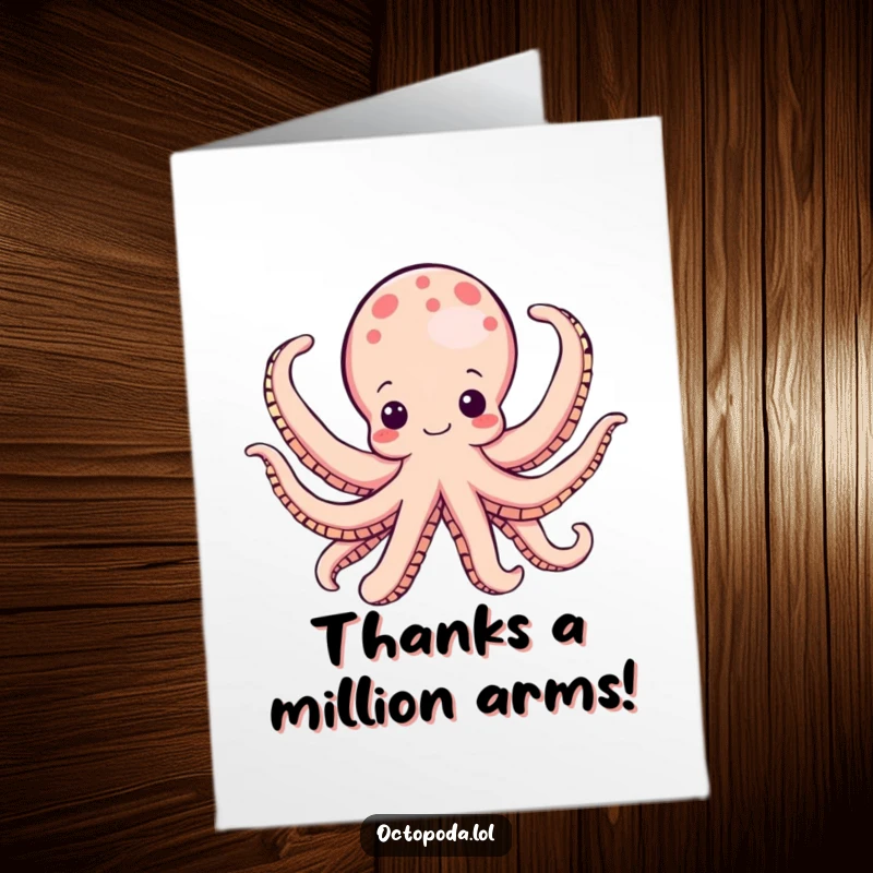 Funny Free Printable Thank You Card of an octopus character joyfully extending all its arms, symbolizing heartfelt appreciation.