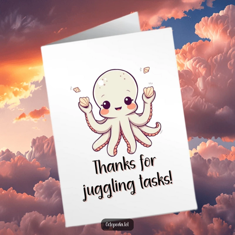 Funny Free Printable Thank You Card: A playful octopus juggling seashells, symbolizing a unique and fun way to say thank you.