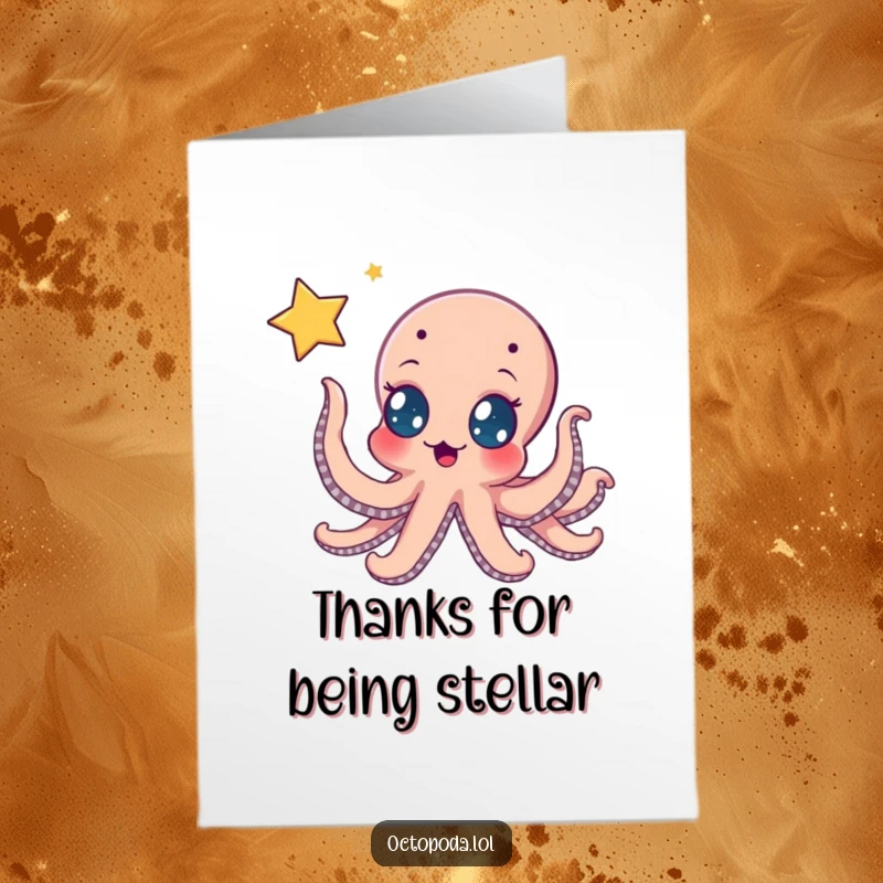 Funny Free Printable Thank You Card: An octopus with hopeful eyes reaching for a twinkling, distant star.