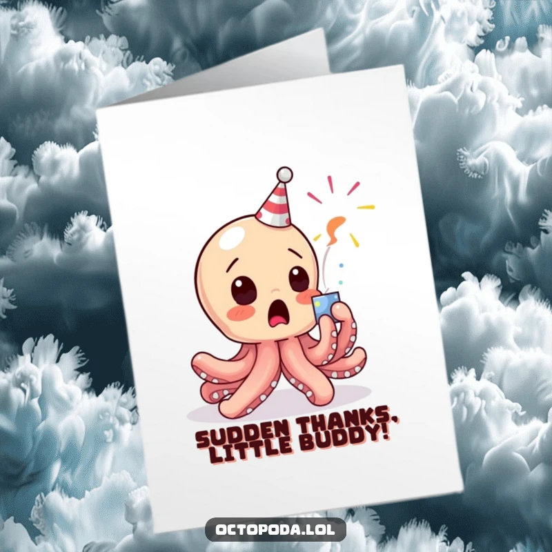 Funny Free Printable Baby Octopus Thank You Card: Surprised octopus recoils from a party popper. Downloadable.