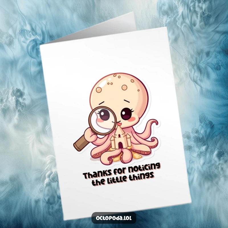 Funny Free Printable Thank You Card: Curious baby octopus with magnifying glass, examining a tiny sandcastle, a unique way to say thanks.