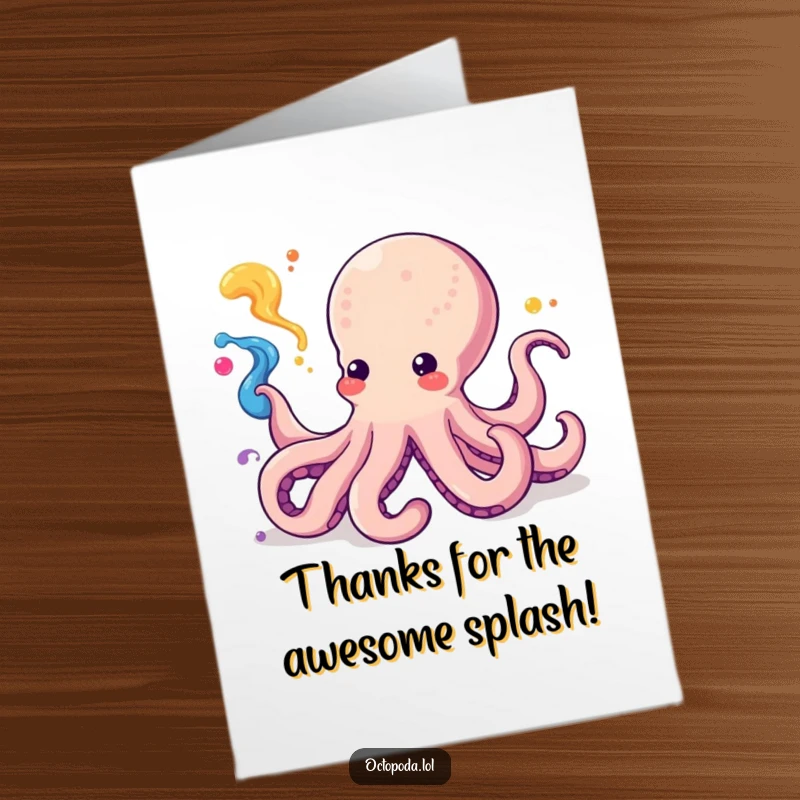 Funny Free Printable Thank You Card: Cute kawaii octopus artistically squirting colorful ink with a grateful expression.