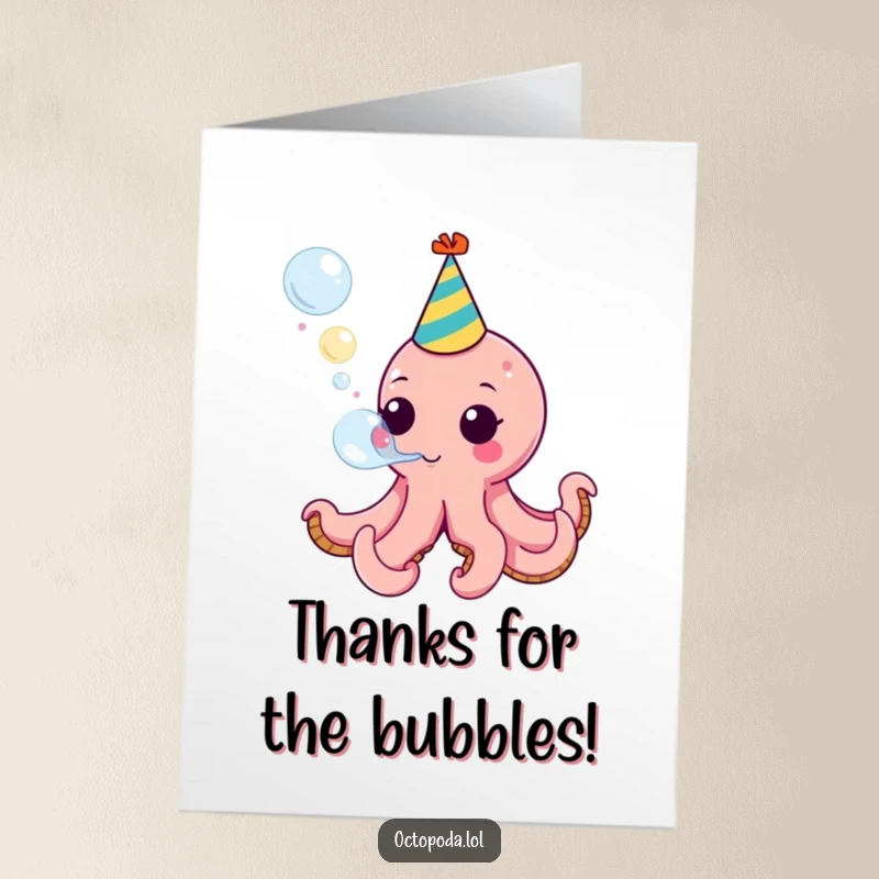 Funny Free Printable Thank You Card: A decorated octopus blows a big bubble, conveying thanks with bubbly excitement and charm.