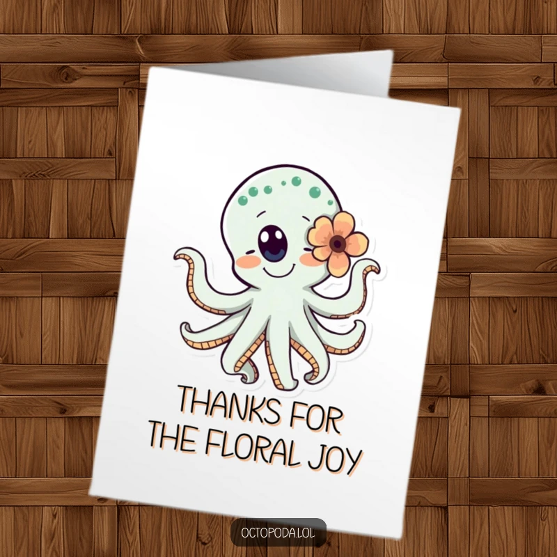 Funny Free Printable Thank You Card: Happy, dancing octopus character with flower behind its eye, swirling joyfully to express thanks.
