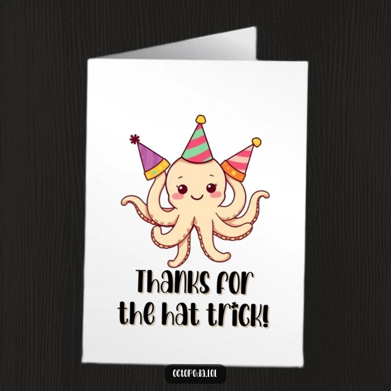Funny Free Printable Octopus Thank You Card: Little octopus with tangled party hats, expressing thanks. Downloadable.