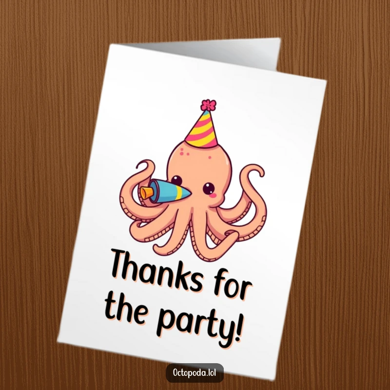Funny Free Printable Thank You Card: Octopus in a party hat blows a horn, a festive thank you.